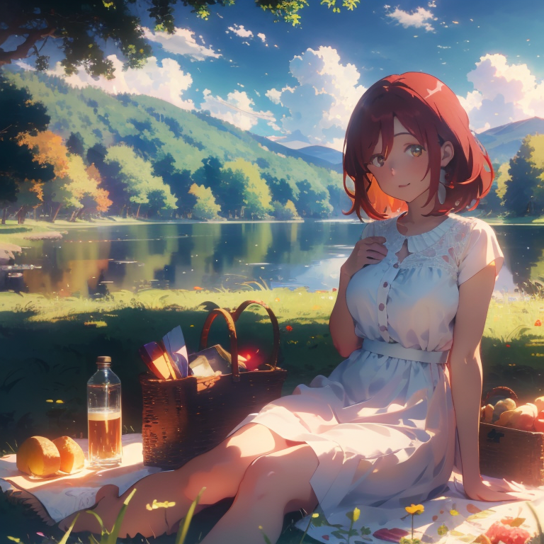 00154-2299588986-1Girl, mature, American, redhead, medium hair, yellow eyes, sitting on a picnic blanket near a lake, elegant summer dress, happy.png